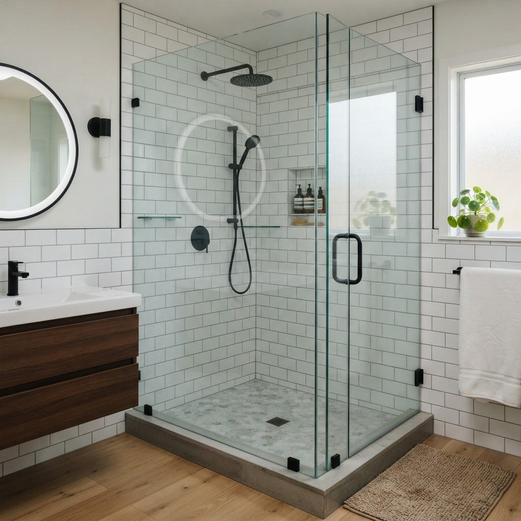 Glass corner shower with subway tile
