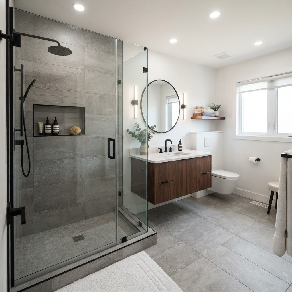 Barrier-free gray-tile glass shower