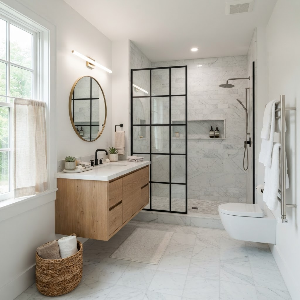 Marble walk-in shower with floating vanity