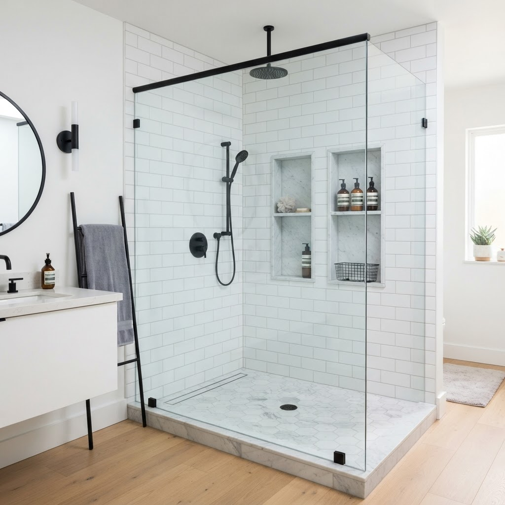 White subway-tile walk-in shower