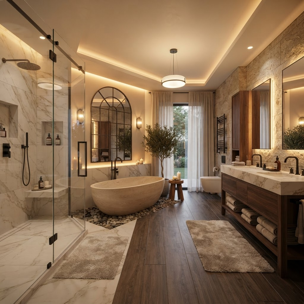 Spa-style master bath with shower and stone tub
