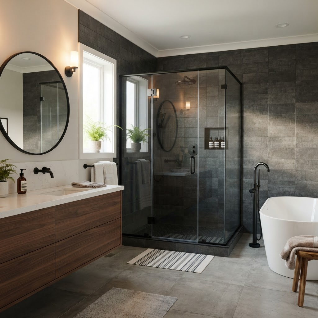 Dark-tile bath with freestanding tub