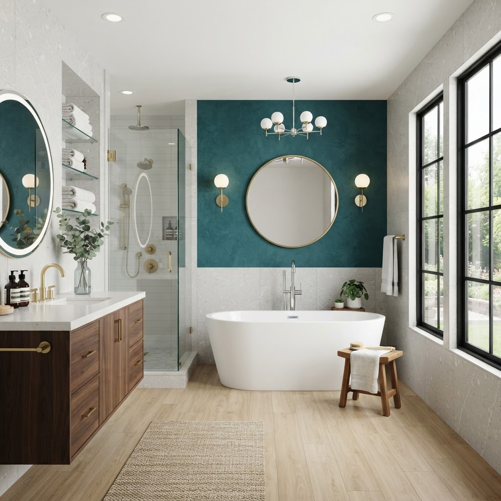 Freestanding tub with teal accent wall