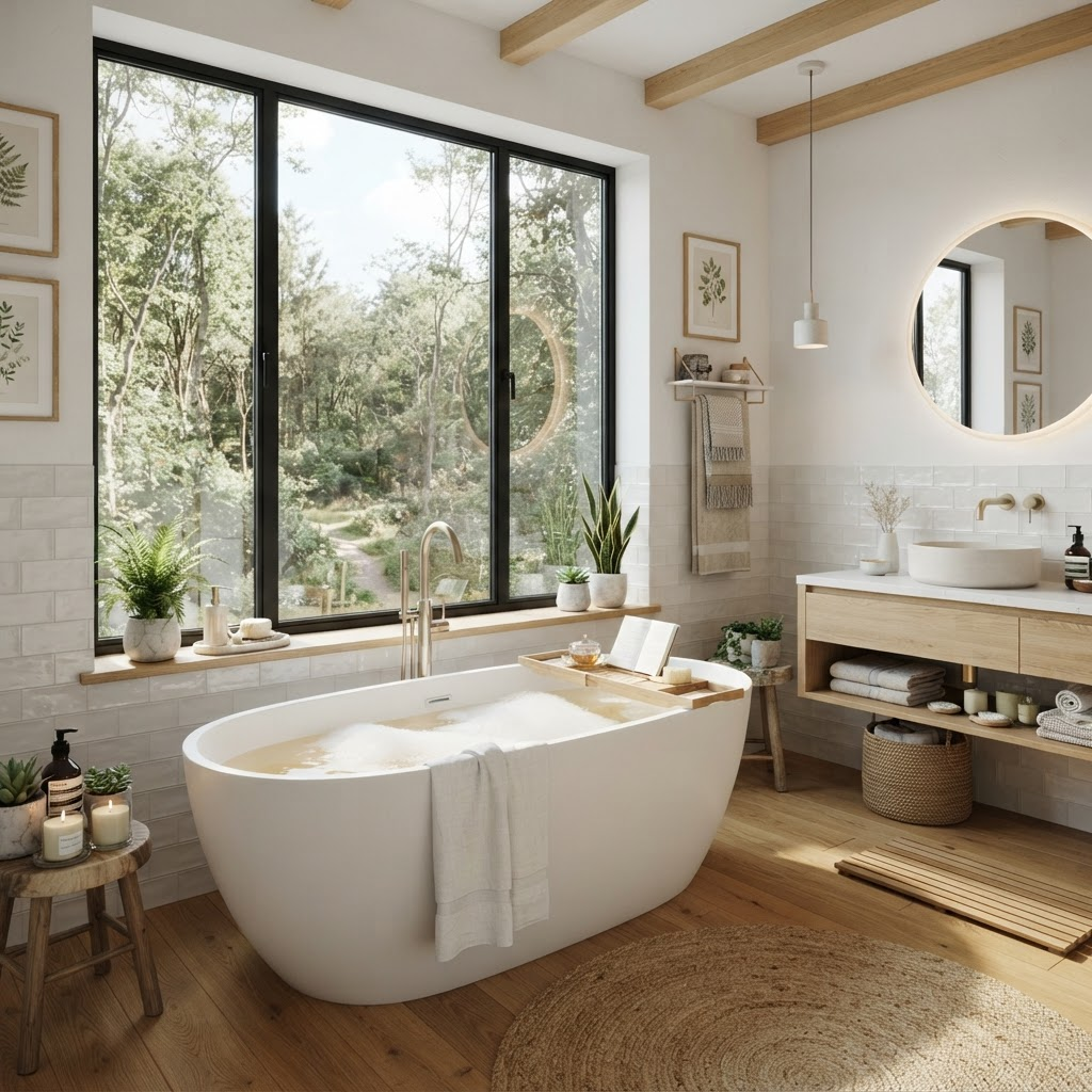 Freestanding soaking tub by the window
