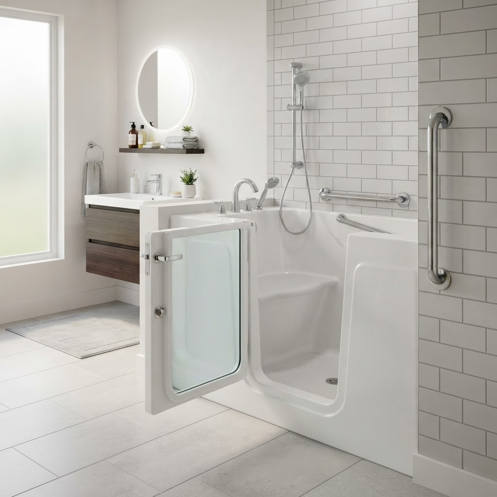 Walk-in tub with safety grab bars